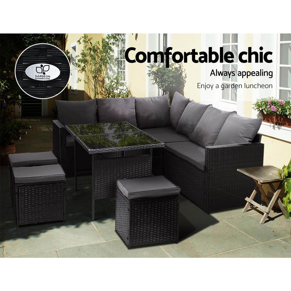 Gardeon Outdoor Dining Set Sofa Lounge Setting Chairs Table Ottoman Black Cover - View 3