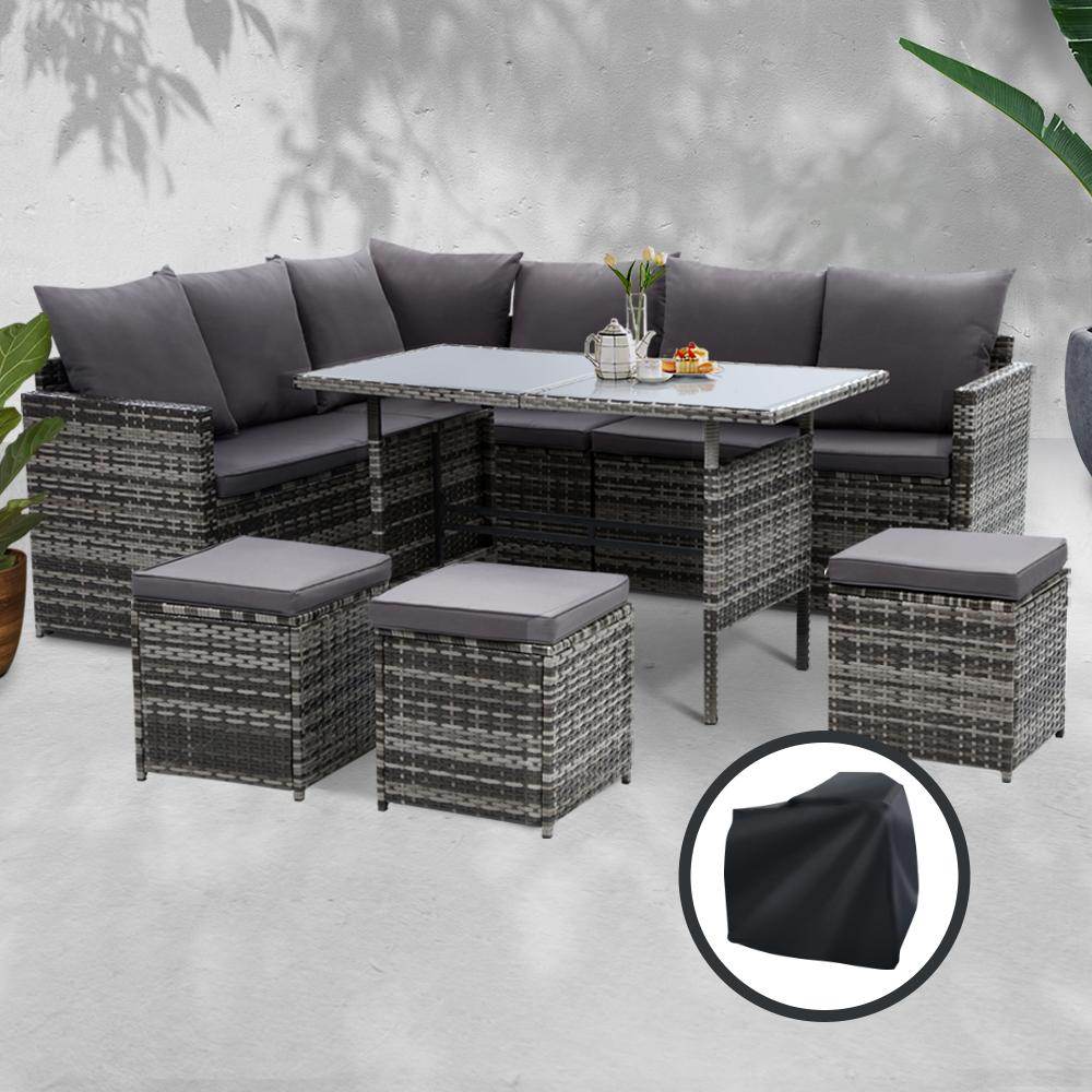 Gardeon Outdoor Dining Set Sofa Lounge Setting Chairs Table Ottoman Grey Cover - View 8