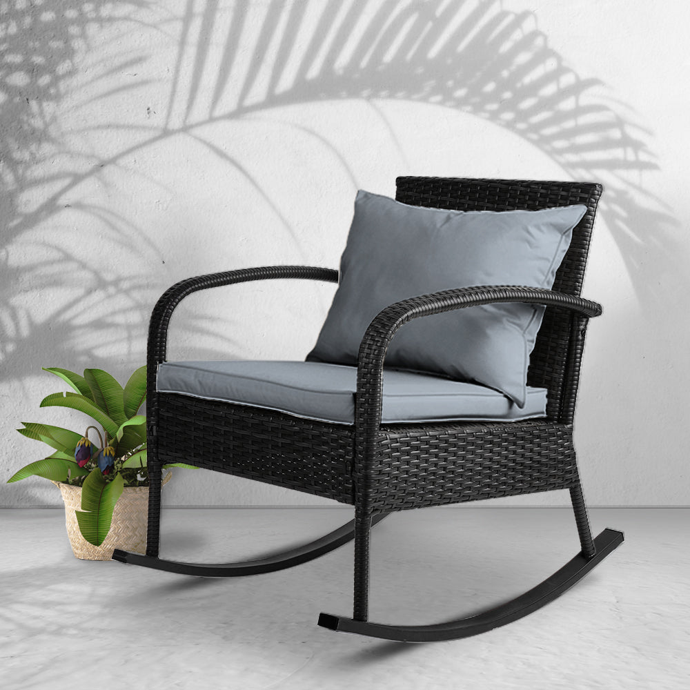 Outdoor Furniture Rocking Chair Wicker Garden Patio Lounge Setting Black - Outdoorium