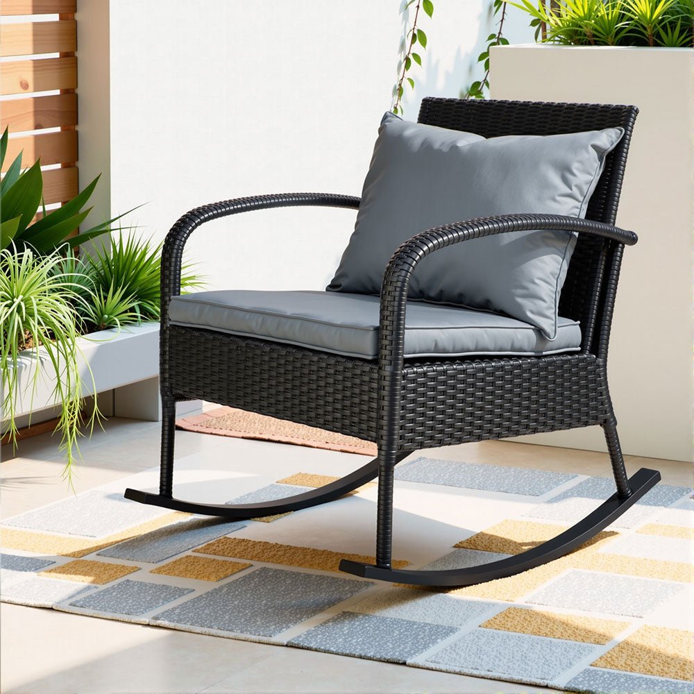 Outdoor Furniture Rocking Chair Wicker Garden Patio Lounge Setting Black - Outdoorium