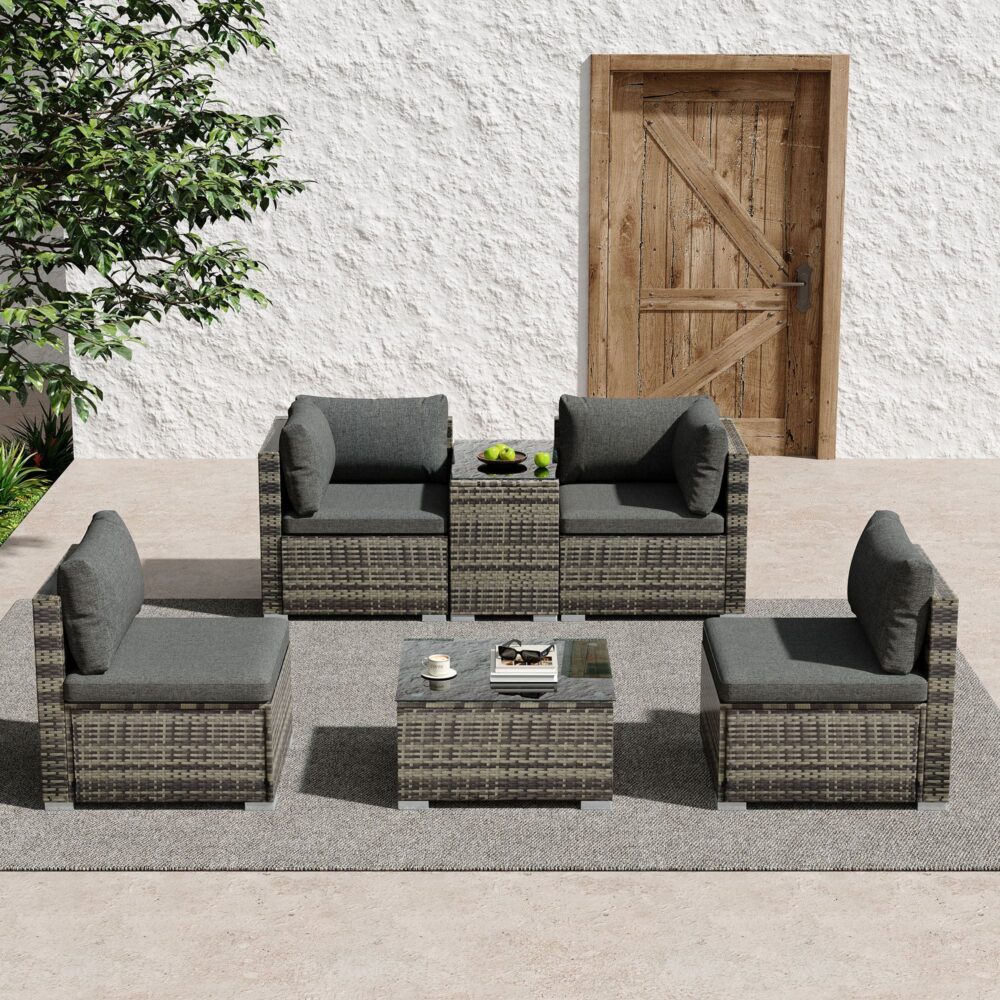 Outdoor Modular Lounge Sofa with Wicker End Table Set - Outdoorium