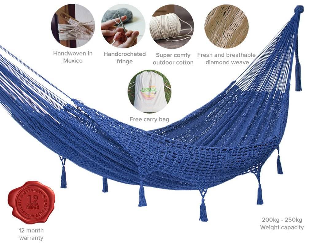 Outdoor undercover cotton Mayan Legacy hammock with hand crocheted tassels King Size Blue | Outdoorium