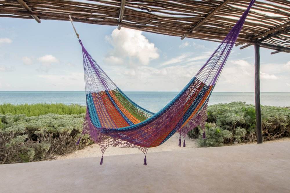 Outdoor undercover cotton Mayan Legacy hammock with hand crocheted tassels King Size Colorina - Outdoorium