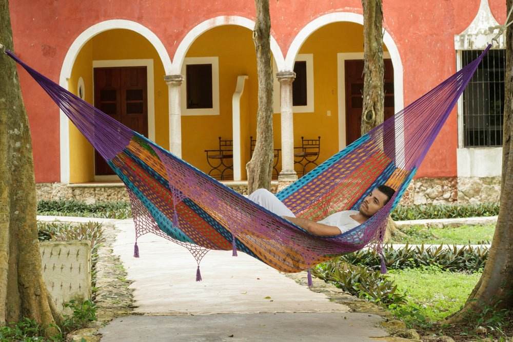 Outdoor undercover cotton Mayan Legacy hammock with hand crocheted tassels King Size Colorina | Outdoorium