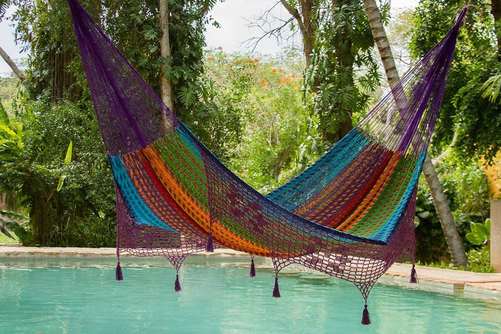 Outdoor undercover cotton Mayan Legacy hammock with hand crocheted tassels King Size Colorina | Outdoorium