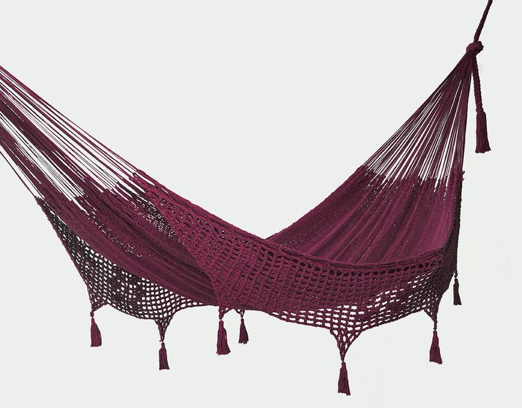 Outdoor undercover cotton Mayan Legacy hammock with hand crocheted tassels King Size Maroon | Outdoorium