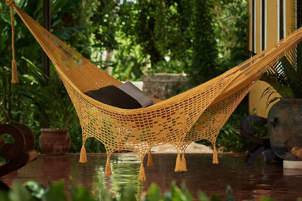 Outdoor undercover cotton Mayan Legacy hammock with hand crocheted tassels King Size Mustard | Outdoorium