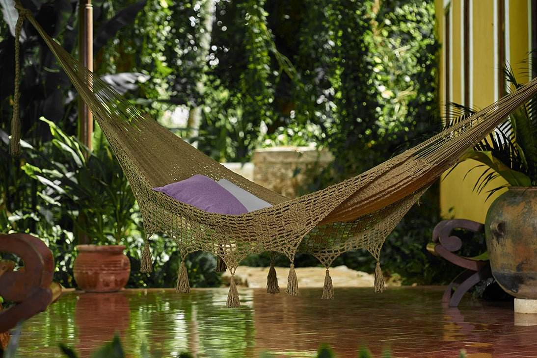 Outdoor undercover cotton Mayan Legacy hammock with hand crocheted tassels Queen Size Cedar | Outdoorium