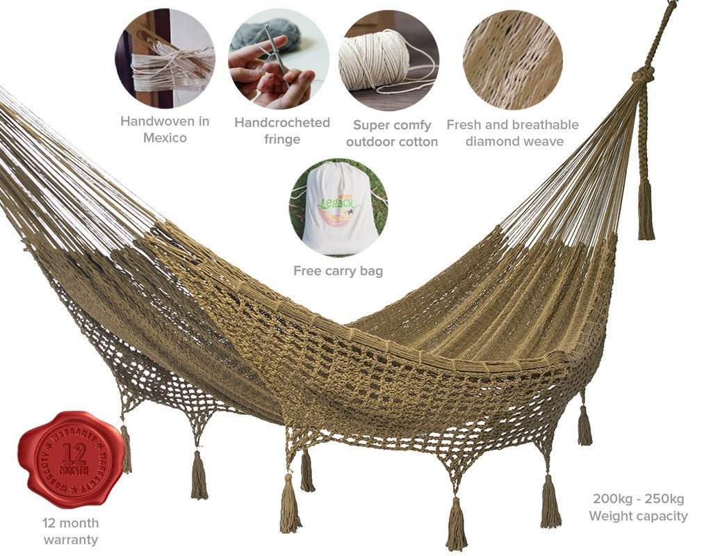 Outdoor undercover cotton Mayan Legacy hammock with hand crocheted tassels Queen Size Cedar | Outdoorium
