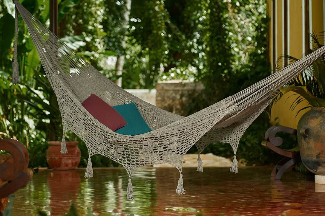 Outdoor undercover cotton Mayan Legacy hammock with hand crocheted tassels Queen Size Dream Sands | Outdoorium