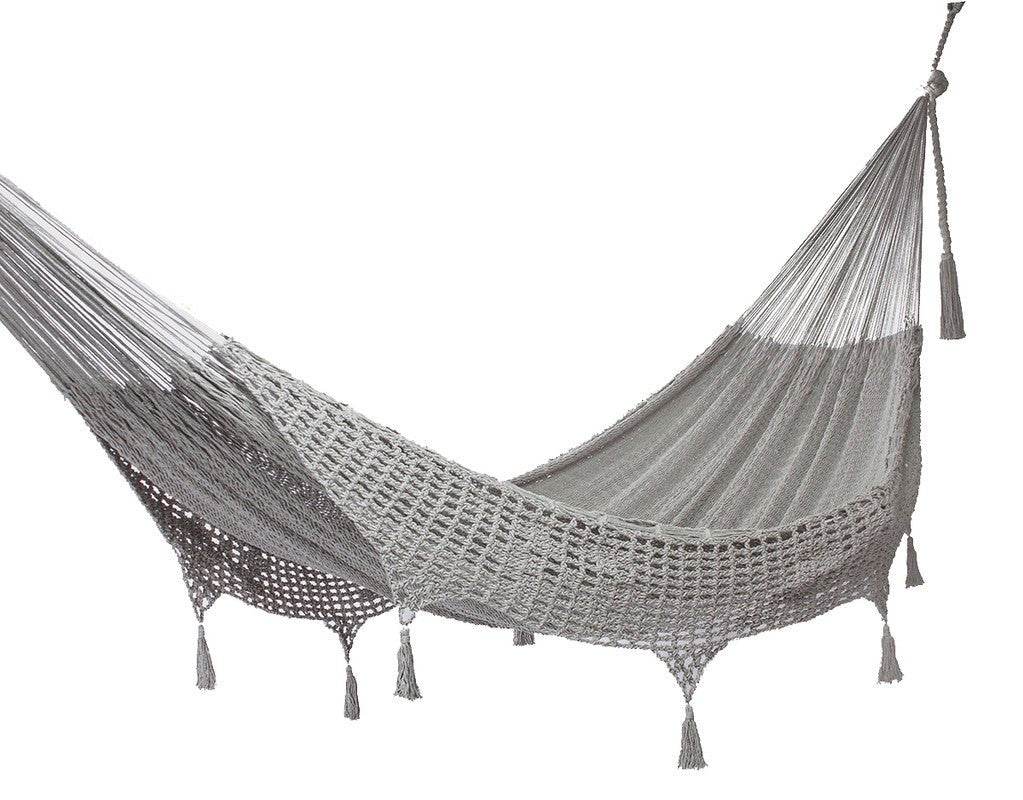 Outdoor undercover cotton Mayan Legacy hammock with hand crocheted tassels Queen Size Dream Sands | Outdoorium