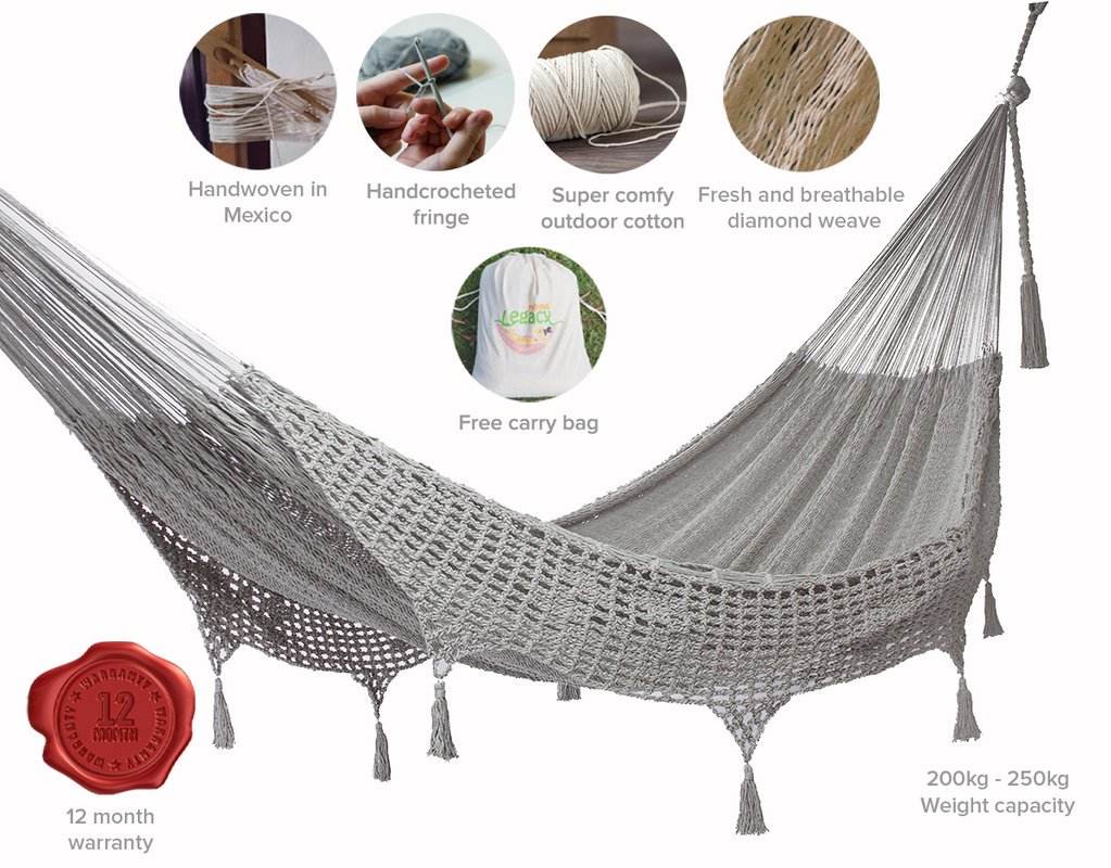 Outdoor undercover cotton Mayan Legacy hammock with hand crocheted tassels Queen Size Dream Sands | Outdoorium