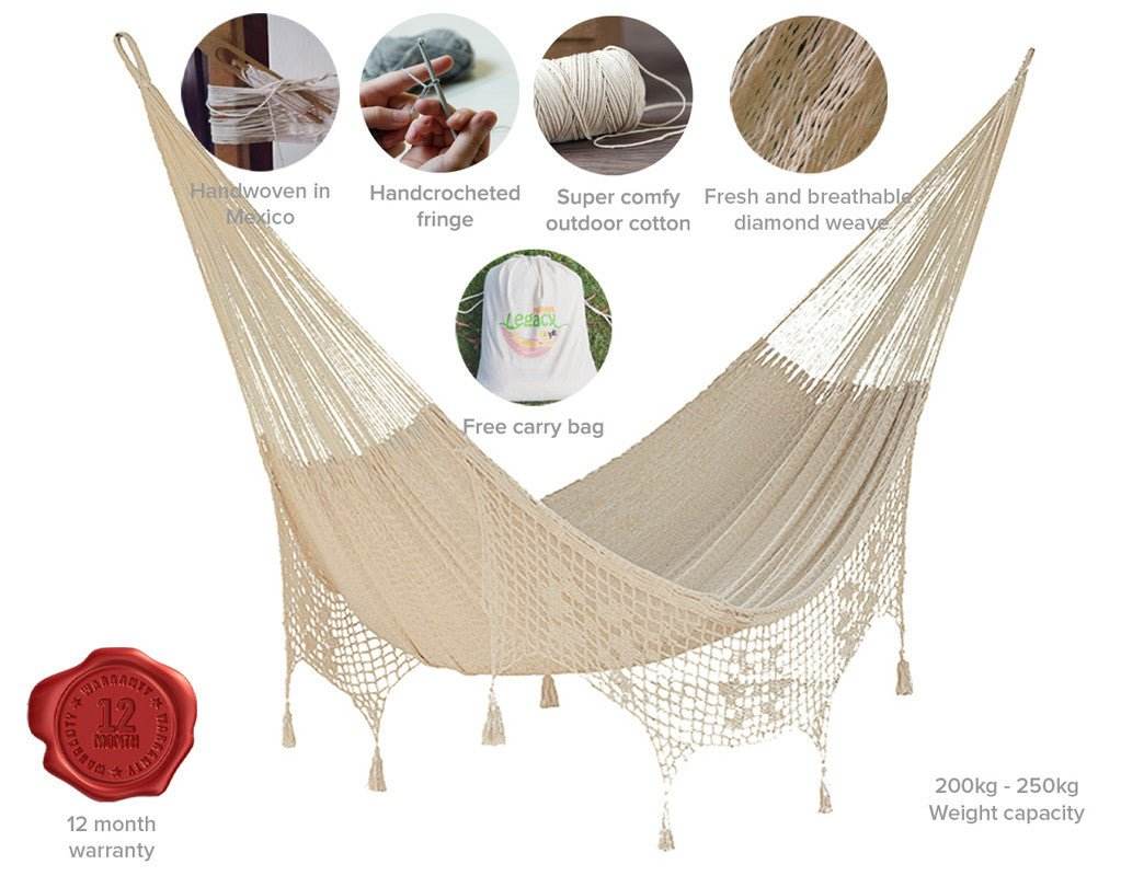 Outdoor undercover cotton Mayan Legacy hammock with hand crocheted tassels Queen Size Marble Colour | Outdoorium