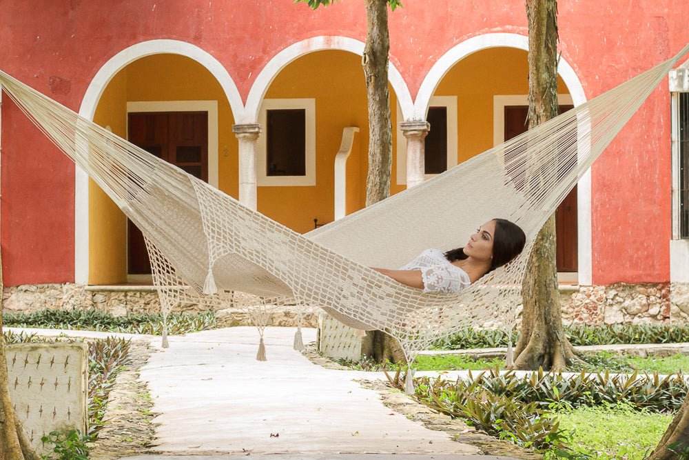Outdoor undercover cotton Mayan Legacy hammock with hand crocheted tassels Queen Size Marble Colour | Outdoorium