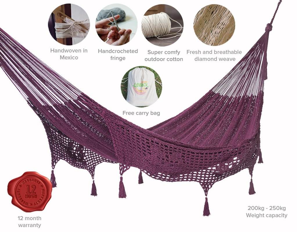 Outdoor undercover cotton Mayan Legacy hammock with hand crocheted tassels Queen Size Maroon - Outdoorium