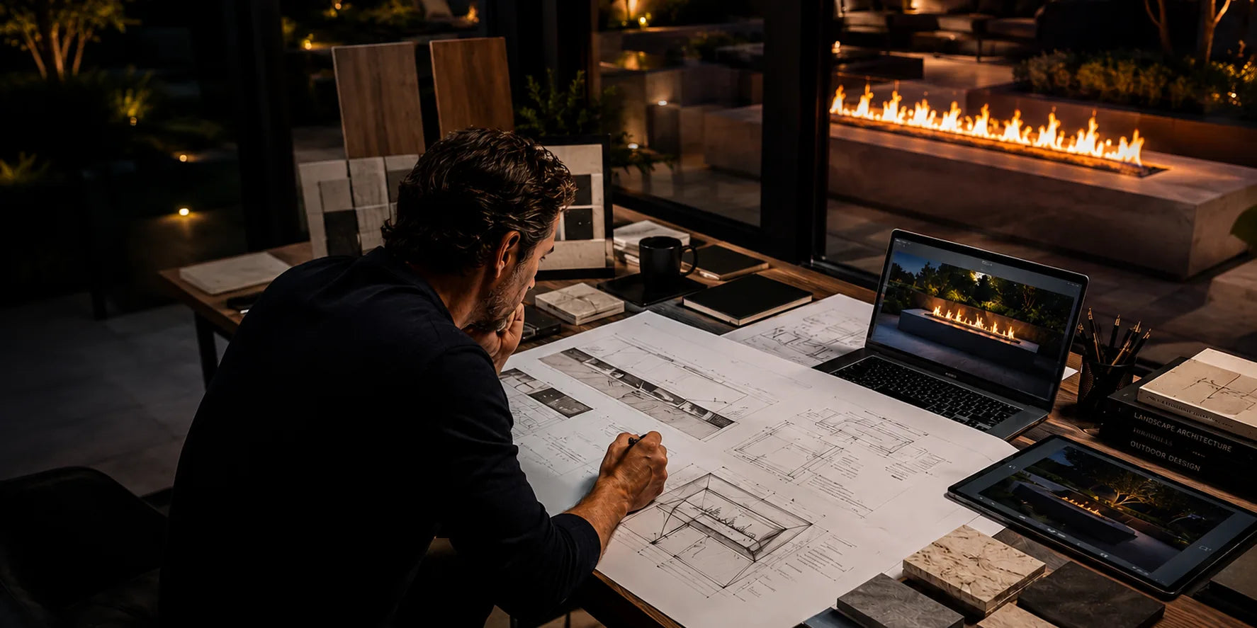 Architect designing a custom gas fire pit for a luxury outdoor living project