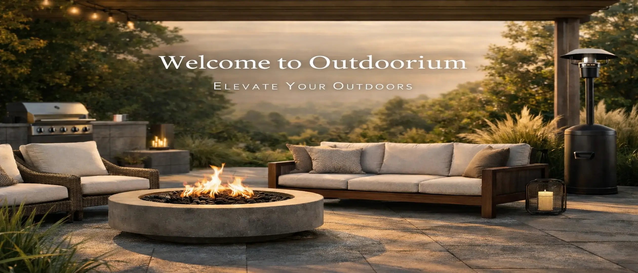 Outdoor patio with fire pit, seating area, and 'Welcome to Outdoorium' text.