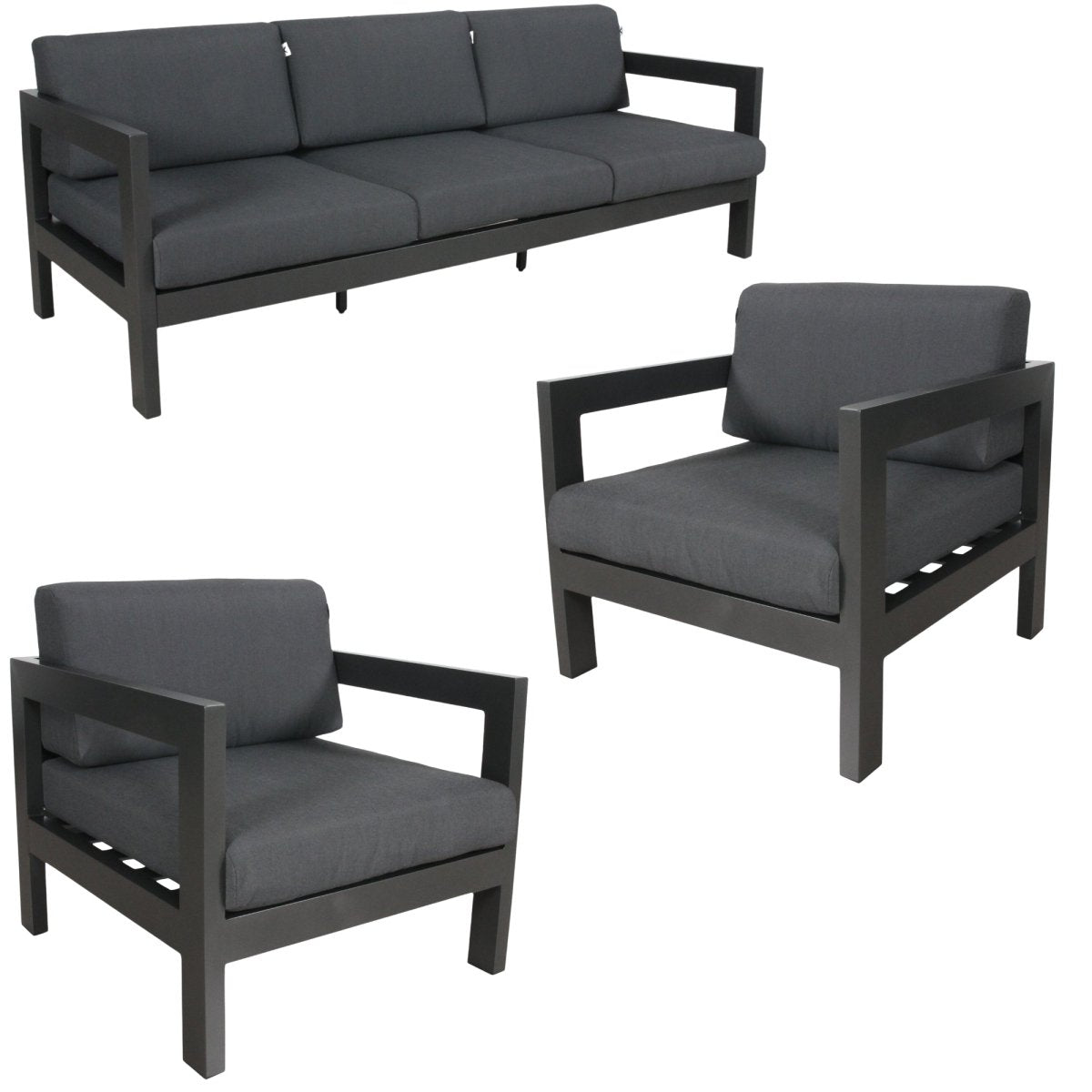 Outie 3pc Set 1+1+3 Seater Outdoor Sofa Lounge Aluminium Frame Charcoal - Outdoorium