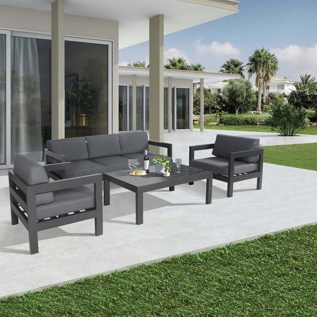 Outie 4pc Set 1+1+2 Seater Outdoor Sofa Lounge Coffee Table Aluminium Charcoal - Outdoorium