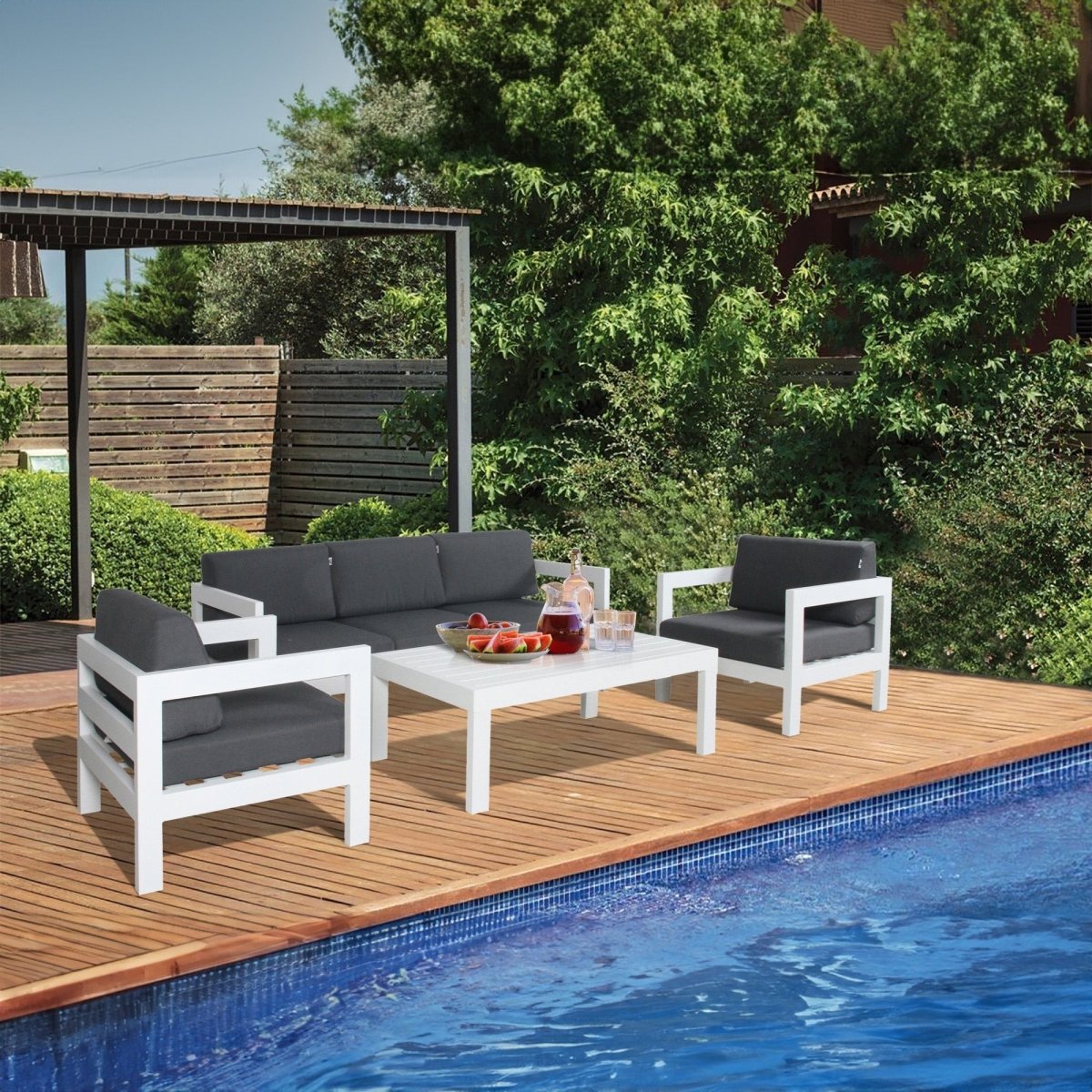 Outie 4pc Set 1+1+2 Seater Outdoor Sofa Lounge Coffee Table Aluminium White - Outdoorium