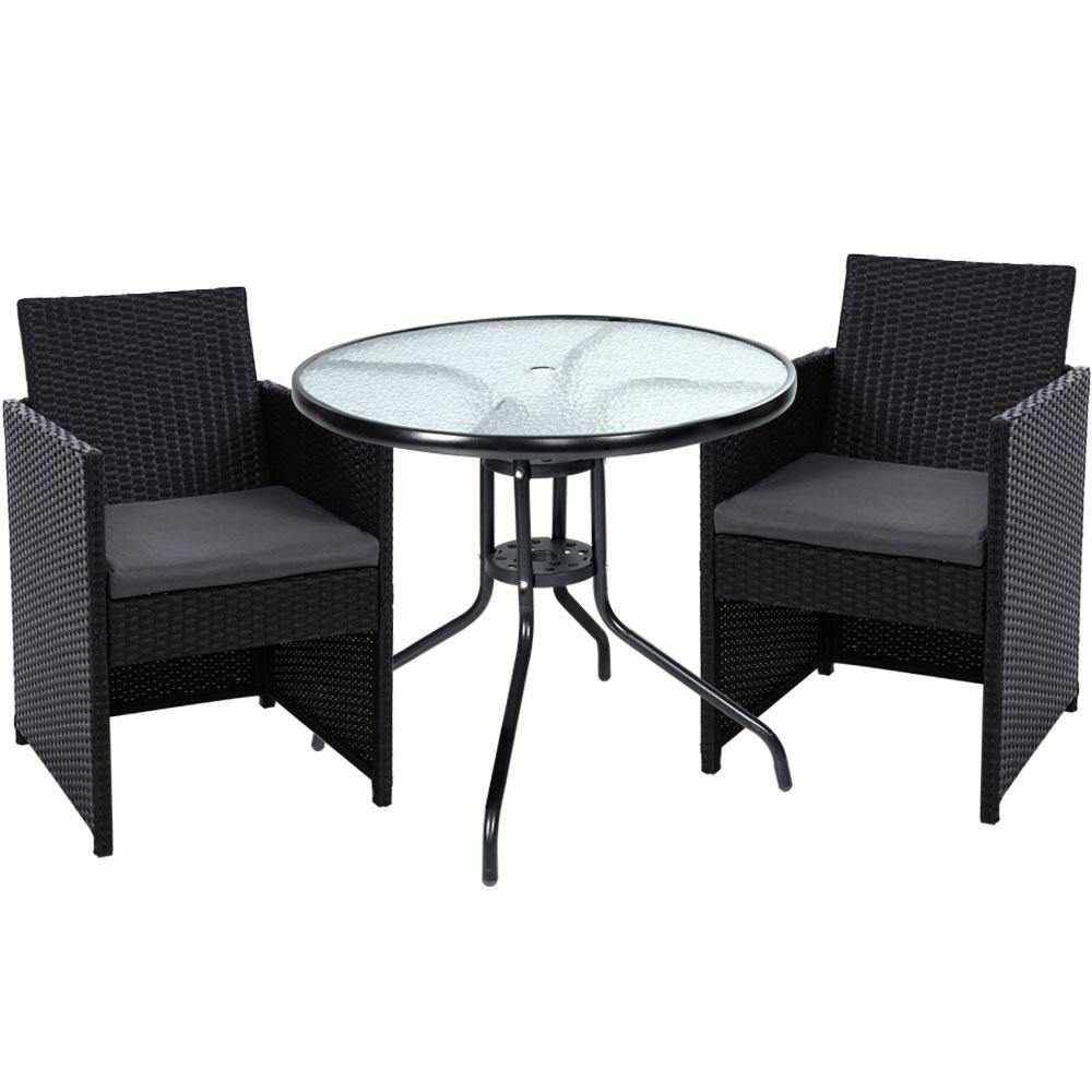Gardeon 3PC Bistro Set Outdoor Furniture Rattan Table Chairs Cushion Patio Garden Hugo - View 1