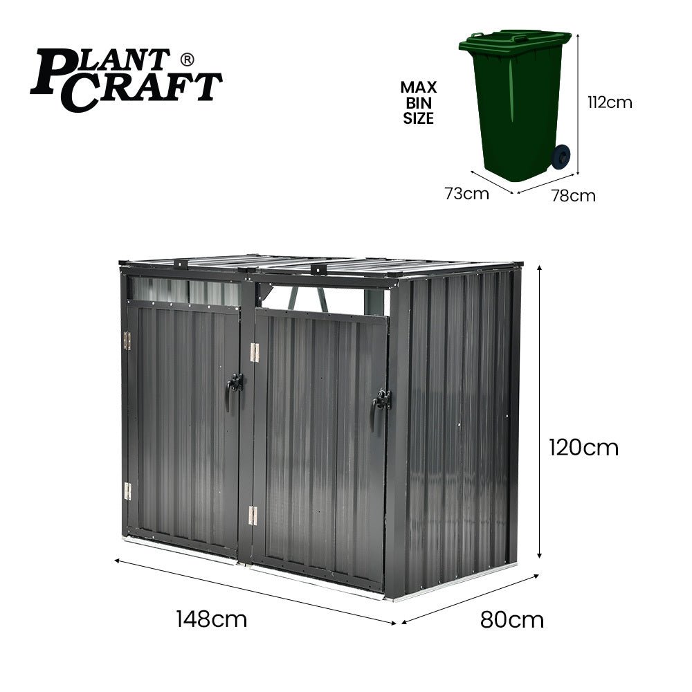 PLANTCRAFT Double Steel Wheelie Garbage Bin Storage Shed, Enclosure with 2 Opening Doors - Outdoorium