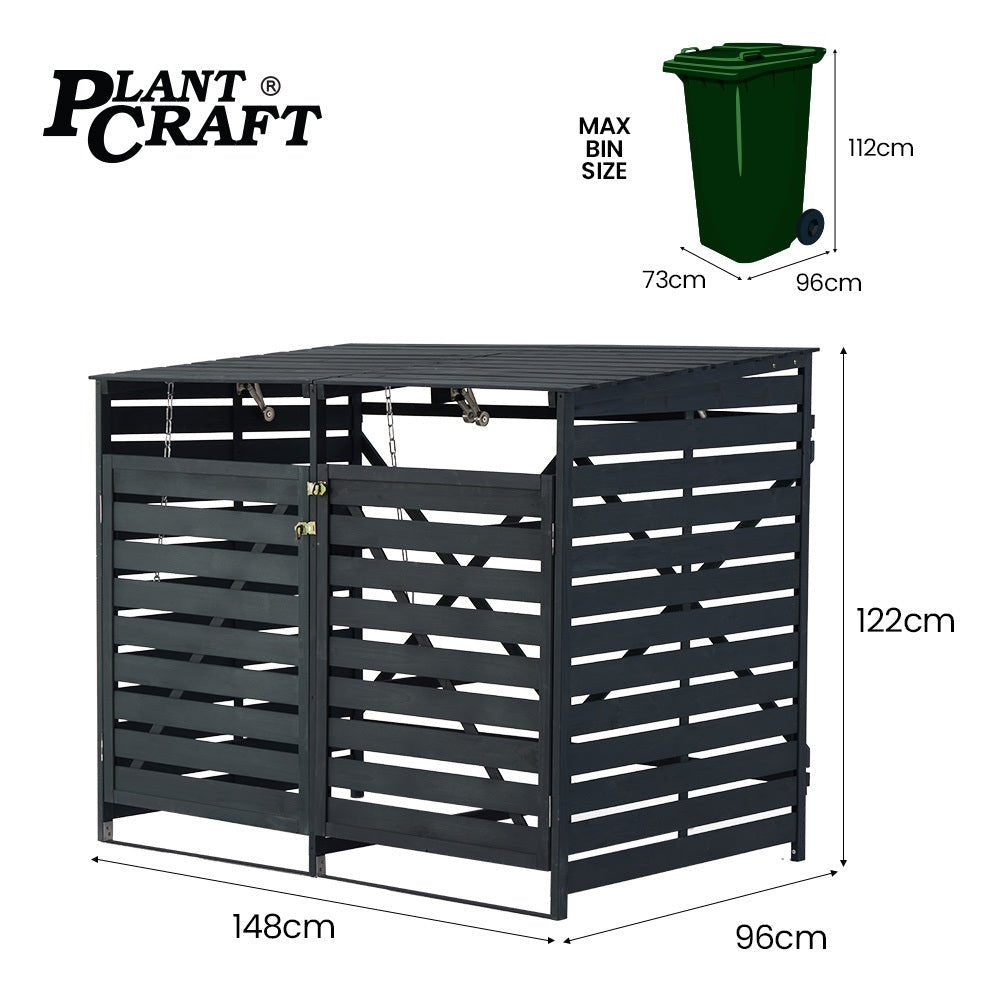 PlantCraft Double Wood Wheelie Bins Storage Shed, 2 Door Garbage Rubbish Bin Enclosure - Outdoorium