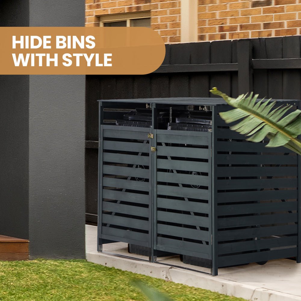 PlantCraft Double Wood Wheelie Bins Storage Shed, 2 Door Garbage Rubbish Bin Enclosure - Outdoorium