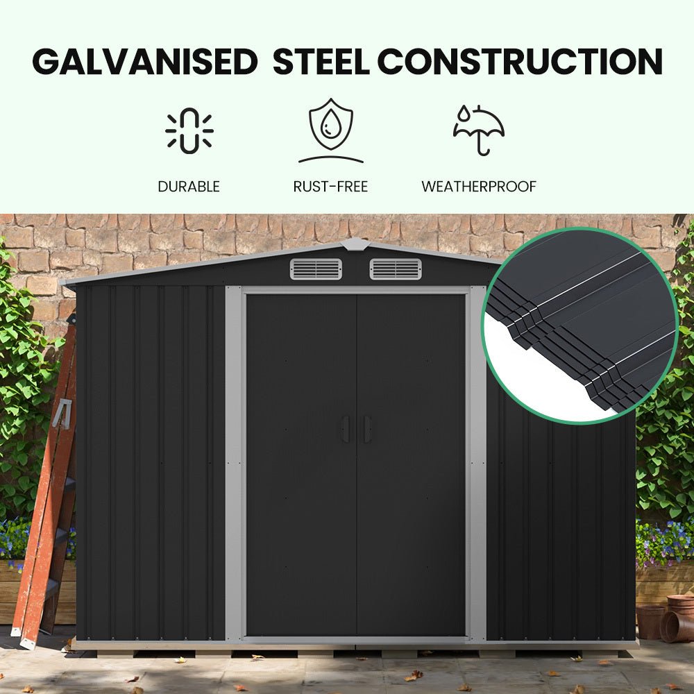 PlantCraft Galvanised Steel Garden Shed 2.58 x 2.07 x 2.02m, with 2 Sliding Doors, 4 Air Vents, Gable Roof, Floor Frame | Outdoorium