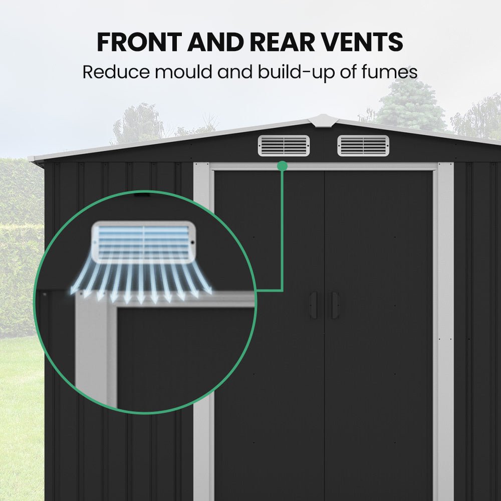 PlantCraft Galvanised Steel Garden Shed 2.58 x 2.07 x 2.02m, with 2 Sliding Doors, 4 Air Vents, Gable Roof, Floor Frame | Outdoorium