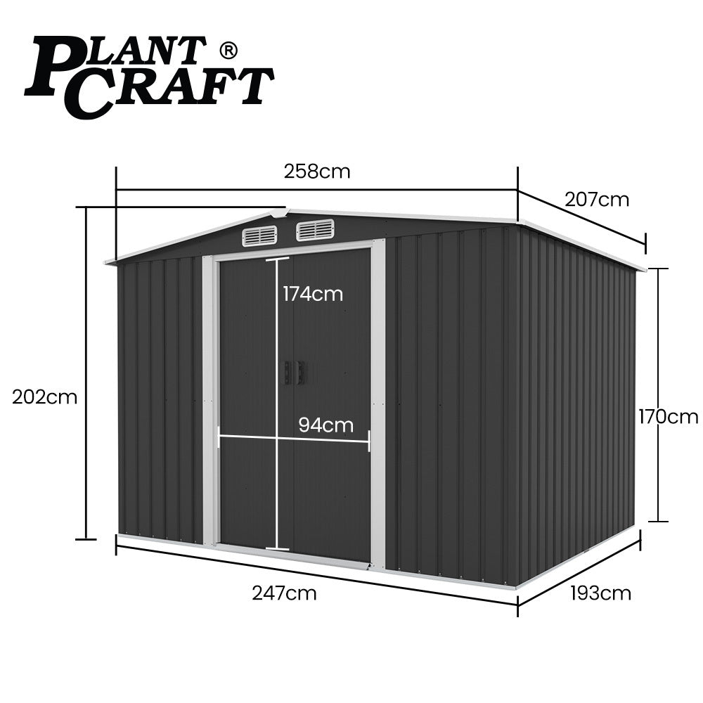 PlantCraft Galvanised Steel Garden Shed 2.58 x 2.07 x 2.02m, with 2 Sliding Doors, 4 Air Vents, Gable Roof, Floor Frame | Outdoorium