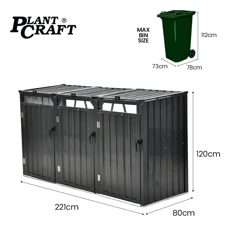 PLANTCRAFT Triple Steel Wheelie Garbage Bin Storage Shed, Enclosure with 3 Opening Doors - Outdoorium