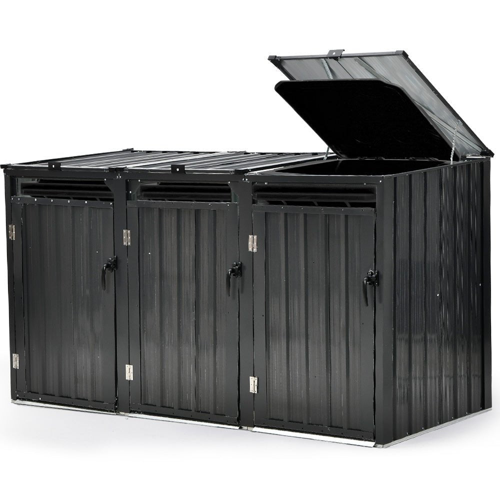 PLANTCRAFT Triple Steel Wheelie Garbage Bin Storage Shed, Enclosure with 3 Opening Doors - Outdoorium