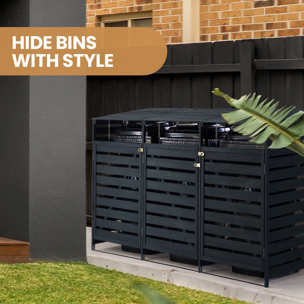 PlantCraft Triple Wood Wheelie Bins Storage Shed, 3 Door Garbage Rubbish Bin Enclosure - Outdoorium