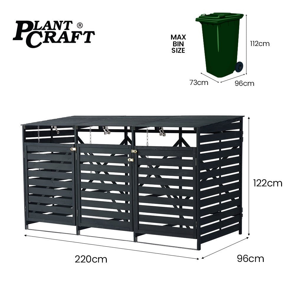 PlantCraft Triple Wood Wheelie Bins Storage Shed, 3 Door Garbage Rubbish Bin Enclosure - Outdoorium