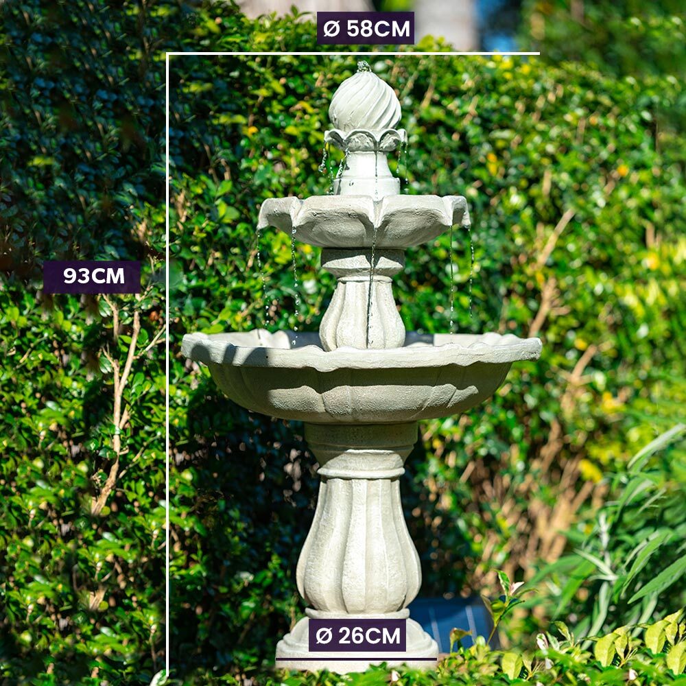 PROTEGE 3 Tier Solar Powered Water Feature Fountain Bird Bath - Light Grey - Outdoorium