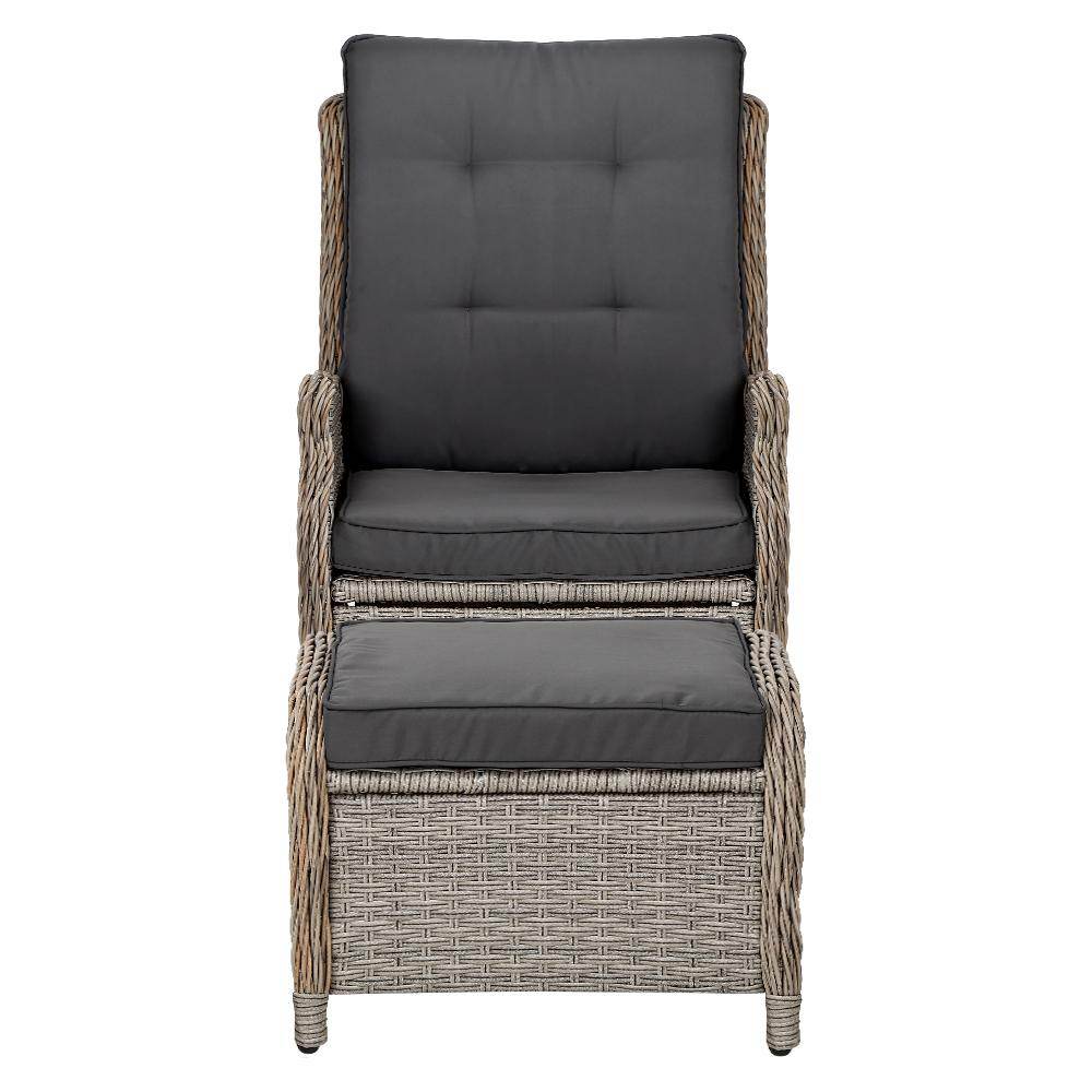 Gardeon Grey Wicker Sun Lounge Recliner & Ottoman Set - View 3