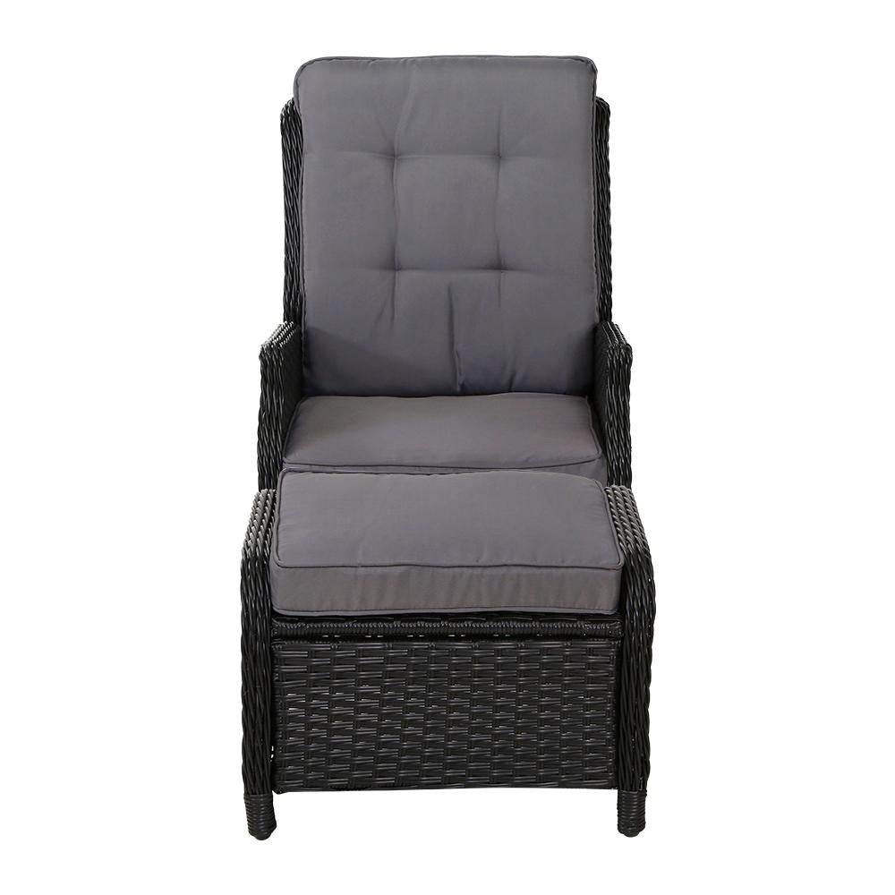 Gardeon Black Wicker Sun Lounge Recliner & Ottoman Set - View 3