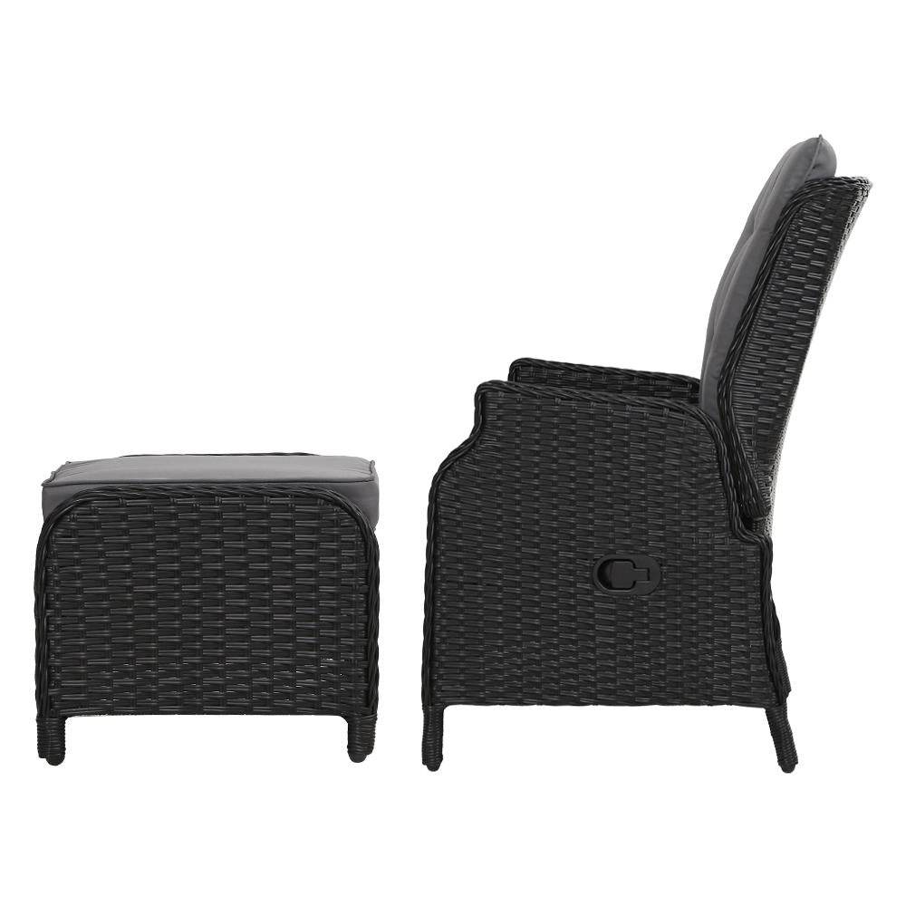 Gardeon Black Wicker Sun Lounge Recliner & Ottoman Set - View 4