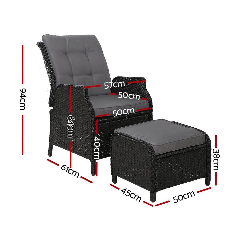 Gardeon Black Wicker Sun Lounge Recliner & Ottoman Set - View 2