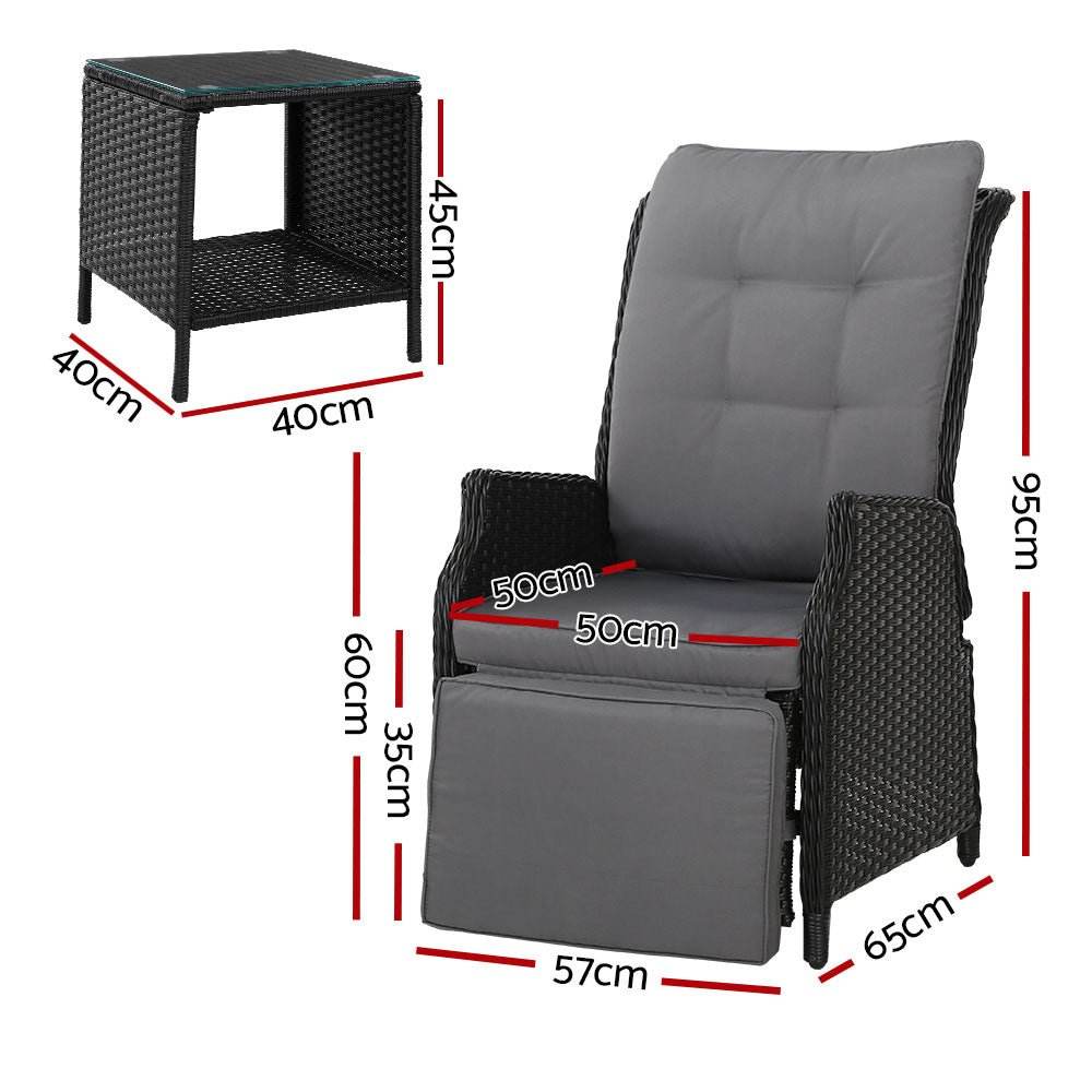 Gardeon 3-Piece Black Wicker Outdoor Recliner & Table Set - View 2