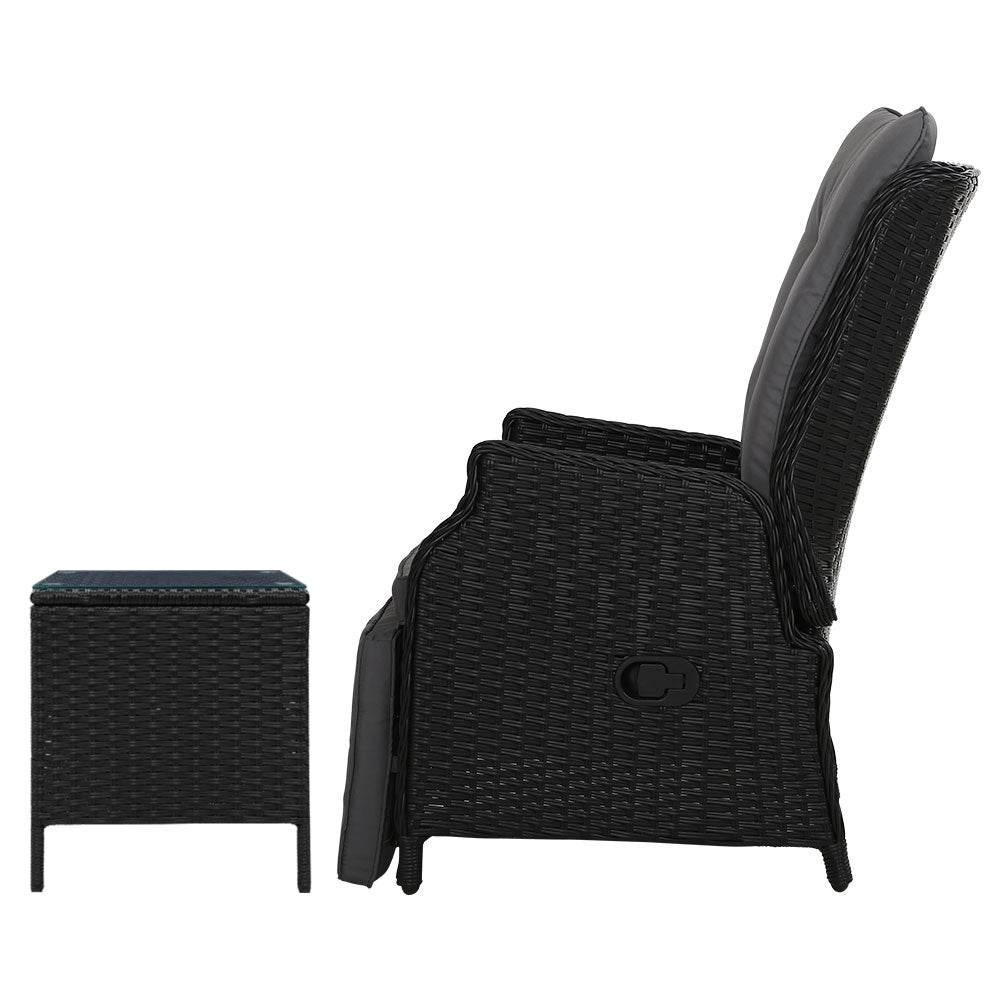 Gardeon 3-Piece Black Wicker Outdoor Recliner & Table Set - View 4