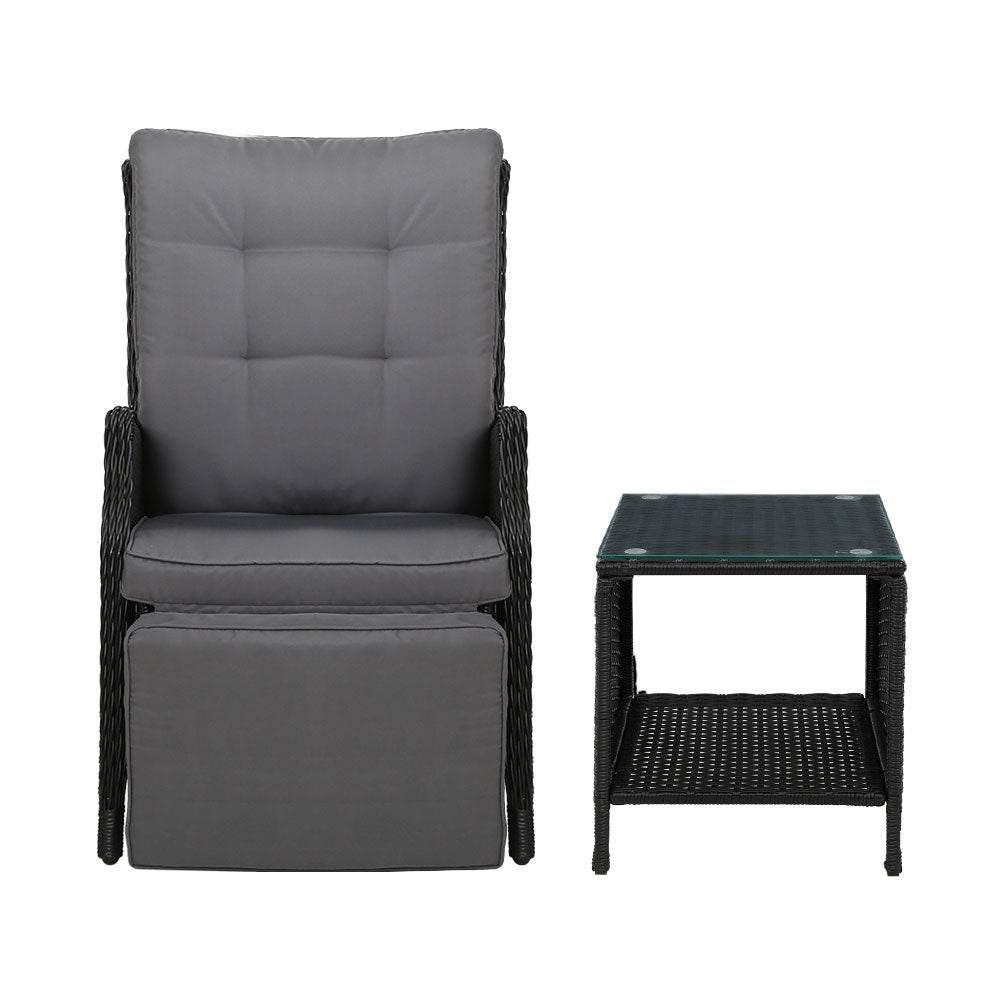 Gardeon 3-Piece Black Wicker Outdoor Recliner & Table Set - View 3