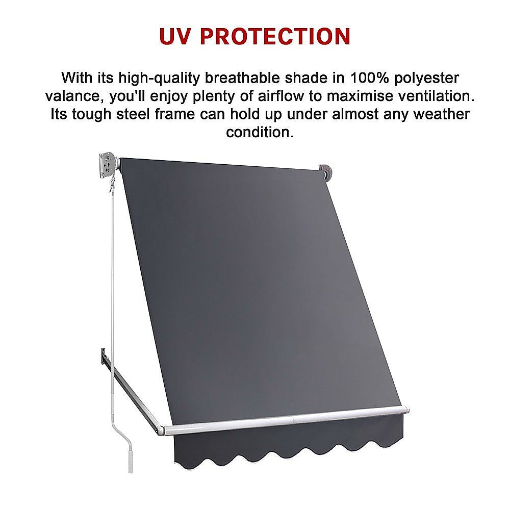 Retractable Fixed Pivot Arm Window Awning Garden Blinds 2.4m x 2.1m Grey | Outdoorium