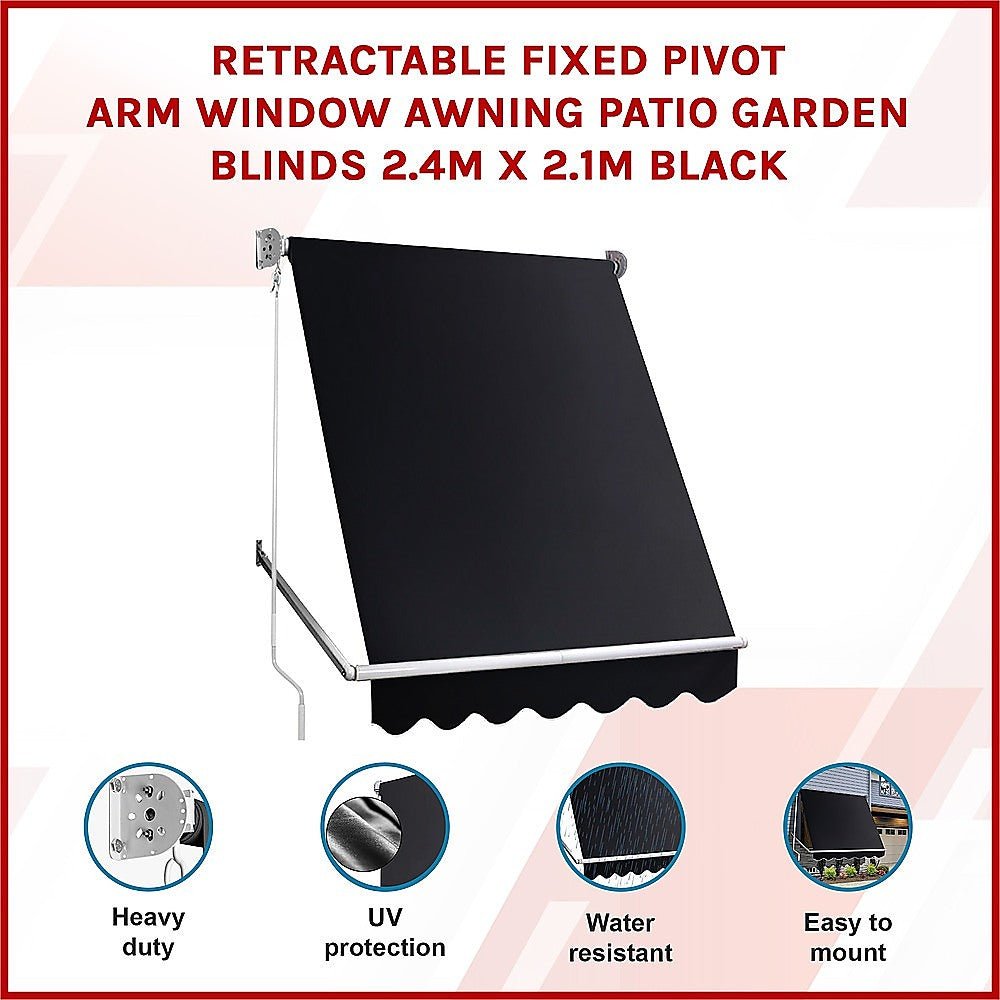 Retractable Fixed Pivot Arm Window Awning Patio Garden Blinds 2.4m x 2.1m Black | Outdoorium