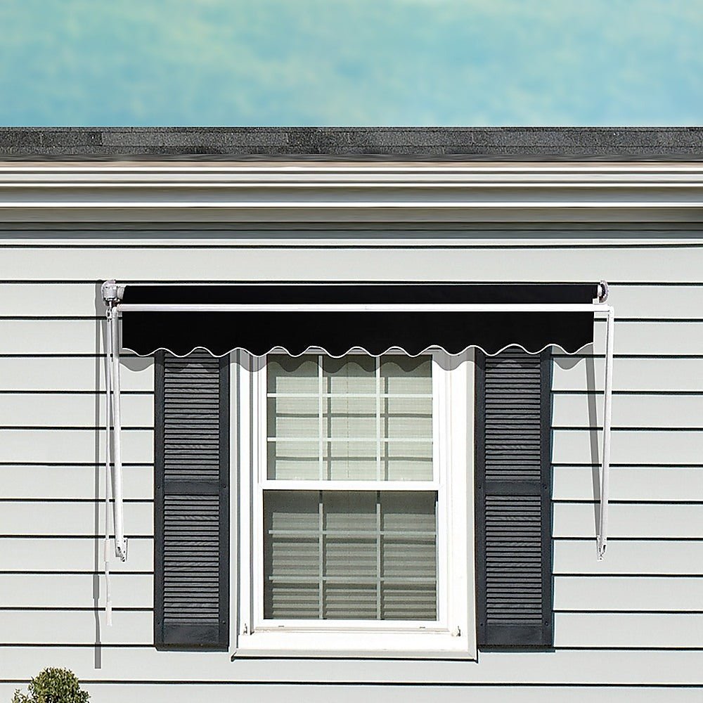 Retractable Fixed Pivot Arm Window Awning Patio Garden Blinds 2.4m x 2.1m Black | Outdoorium