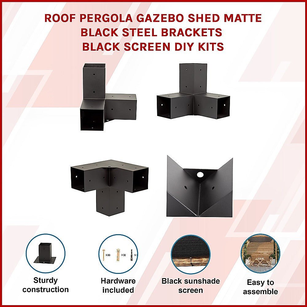 Roof Pergola Gazebo Shed Matte Black Steel Brackets and Black Screen DIY Kits - Outdoorium