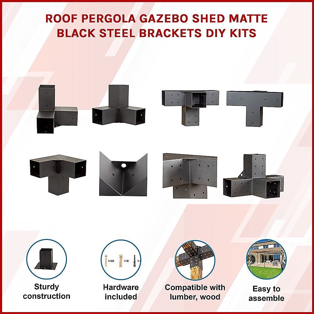 Roof Pergola Gazebo Shed Matte Black Steel Brackets DIY Kits - Outdoorium