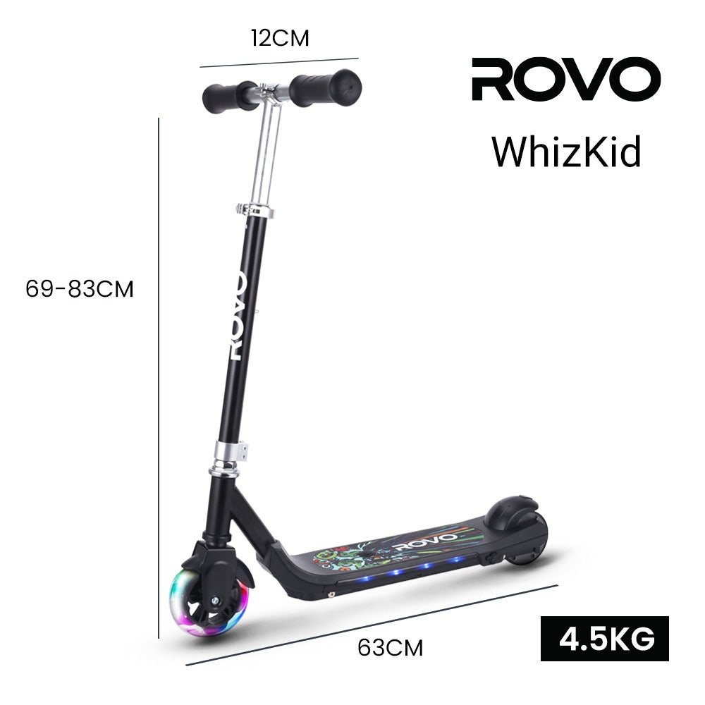 ROVO KIDS WhizKid Electric Scooter, Ages 5 - 11, Adjustable Height, AU Compliant, Lithium Battery, Brushless Motor, Black | Outdoorium