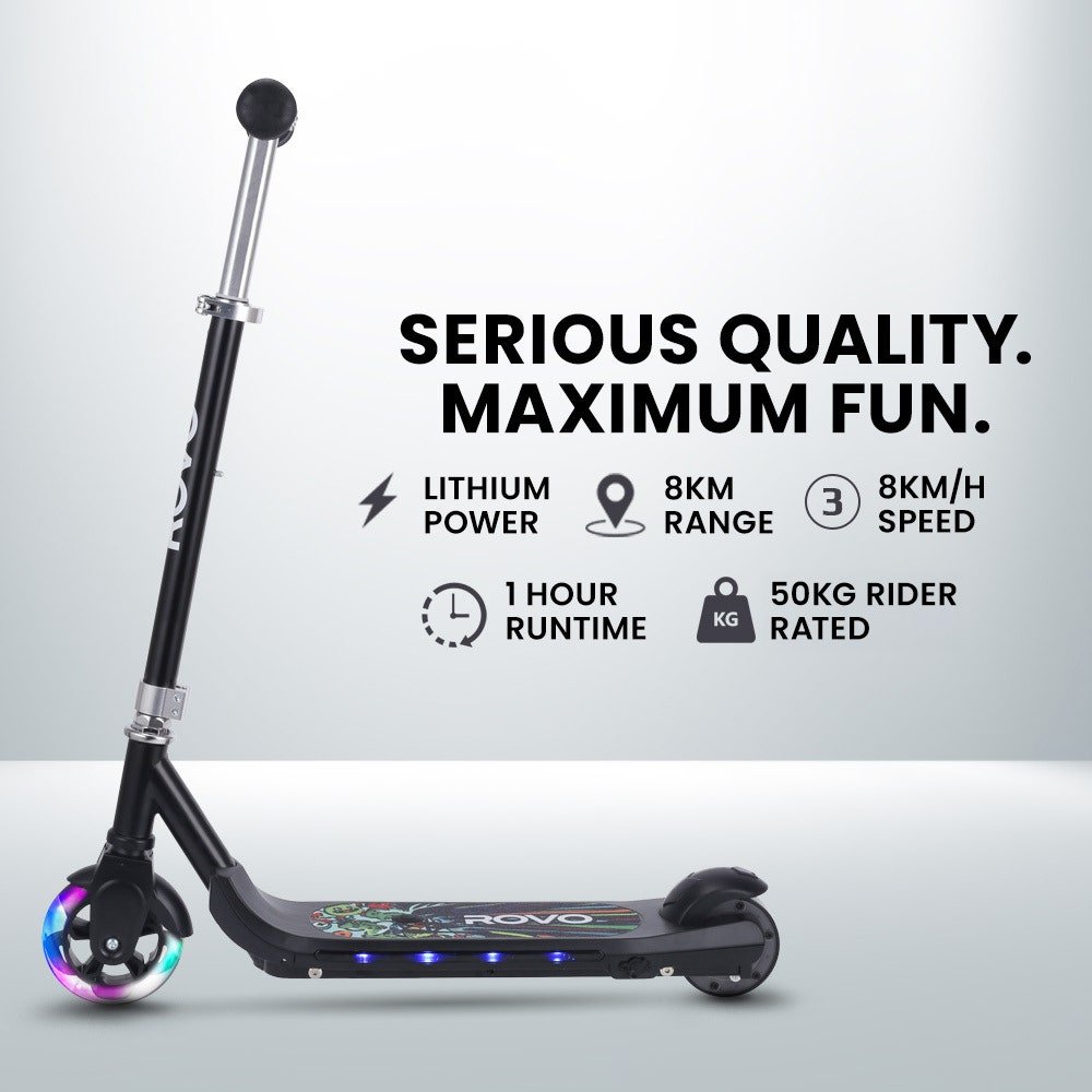 ROVO KIDS WhizKid Electric Scooter, Ages 5 - 11, Adjustable Height, AU Compliant, Lithium Battery, Brushless Motor, Black | Outdoorium